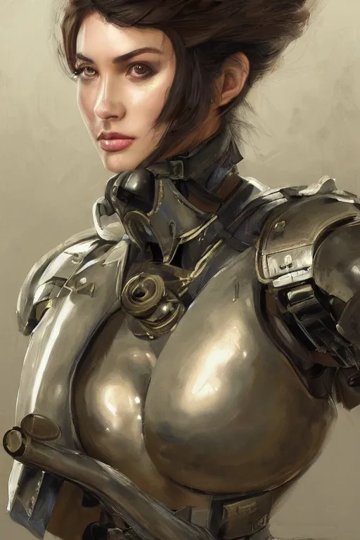 Image similar to a professionally painted portrait of an attractive young woman, clothed in military armor, olive skin, long dark hair, beautiful bone structure, symmetrical facial features, intricate, elegant, digital painting, trending on Artstation, concept art, smooth, sharp focus, illustration, from Metal Gear by Ruan Jia and Mandy Jurgens and Artgerm and William-Adolphe Bouguerea, award winning