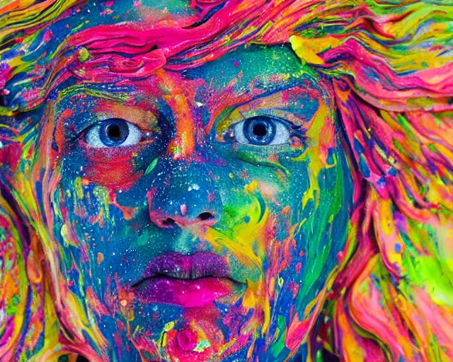 Image similar to still shot close up footage of the portrait of a female head made of acrylic pour and coloured powder explosion and splashing paint and dripping paint and flying paint chunks, motion blur, hyperrealistic, medical, intricate art photography, anatomically correct, realistic crisp textures, 1 6 k