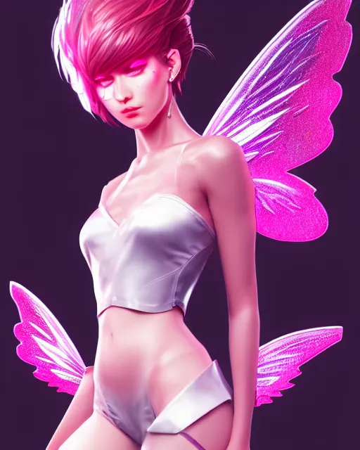 Image similar to 3 / 4 view of a woman with fairy wings, confident pose, pixie character, video game genshin impact, synthwave style, elegant, sharp focus, illustration, highly detailed, artgerm, anime, trending on artstation