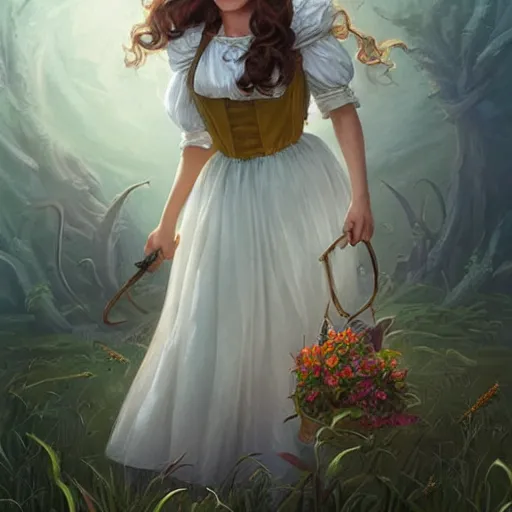 Image similar to full body portrait of Dorothy Gale from the Wizard of Oz, D&D, fantasy, intricate, elegant, highly detailed, digital painting, artstation, concept art, smooth, sharp focus, illustration, art by artgerm and greg rutkowski and peter mohrbacher