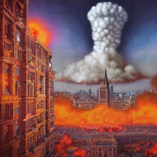 Image similar to nuclear bomb exploding in the center of a city, detailed 1 9 2 0 ’ s colored pencil, highly detailed, highly accurate, deep aesthetic, 8 k, highly ornate intricate details, cinematic lighting, rich colors, ray tracing, hyperrealistic, photorealistic, cinematic landscape, trending on artstation,