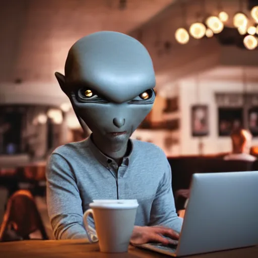 Prompt: gray alien working on laptop in coffee shop cafe professional filter photo