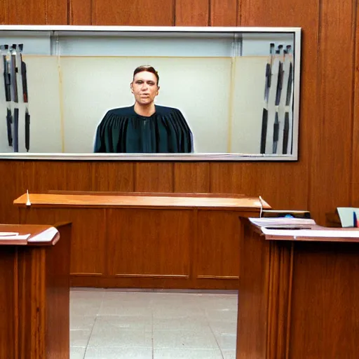 Image similar to jerma 9 8 5, still image of jerma 9 8 5 on trial, courtroom photo, courtroom interior background,