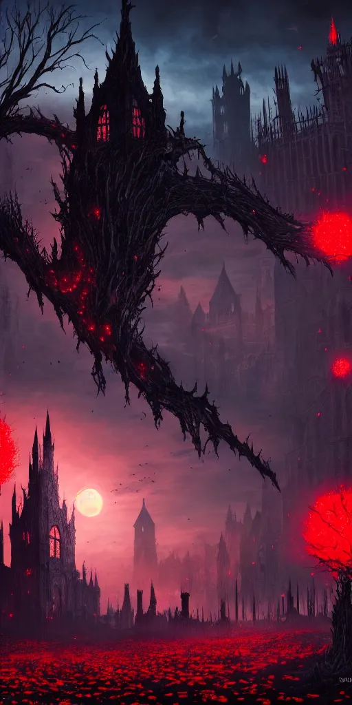 Image similar to populated bloodborne old valley with a dark person at the centre and a ruined gothic city in the background, trees and stars in the background, falling red petals, epic red - orange moonlight, perfect lightning, wallpaper illustration by niko delort and kentaro miura, 4 k, ultra realistic