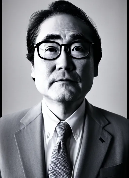 Image similar to nintendo ceo satoru iwata as an old man by jatenipat ketpradit and annie leibovitz and steve mccurry and richard avedon, award winning photo, portrait, black and white, emotional