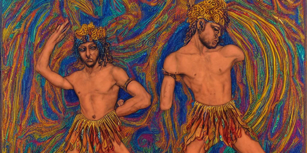 Prompt: an abstract spiritual background, a punk greek god dancing, clear eyes. 2 4 mm, photorealistic, muted color scheme, directed by mati klarwein