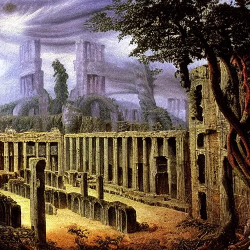 Image similar to a data center filled with server racks surrounded by ancient ruins and covered in vines, Caspar David Friedrich, oil painting