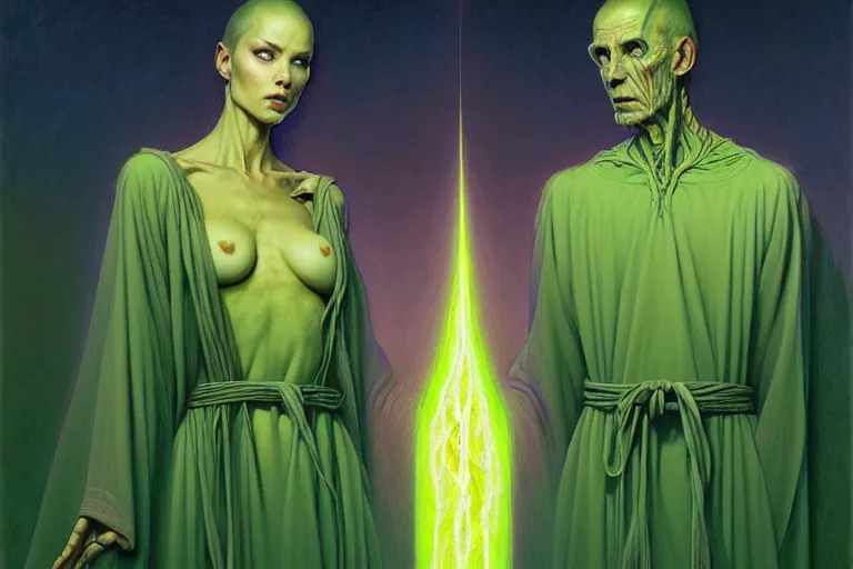 Prompt: the female arcanist and the male artificer by zacharias aagaard and gerald brom and zdzisław beksinski and james gilleard and wayne barlowe and marc simonetti and jean delville, beautiful, robes, highly detailed, hyperrealistic, intricate, energy, electricity, blue flame, low light, green crystal, high contrast