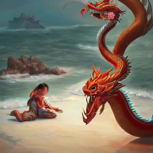 Image similar to fairytale seaside chinese dragon digital art, irina french, heraldo ortega, mandy jurgens trending on artstation 8 k 1 5 0 mpx