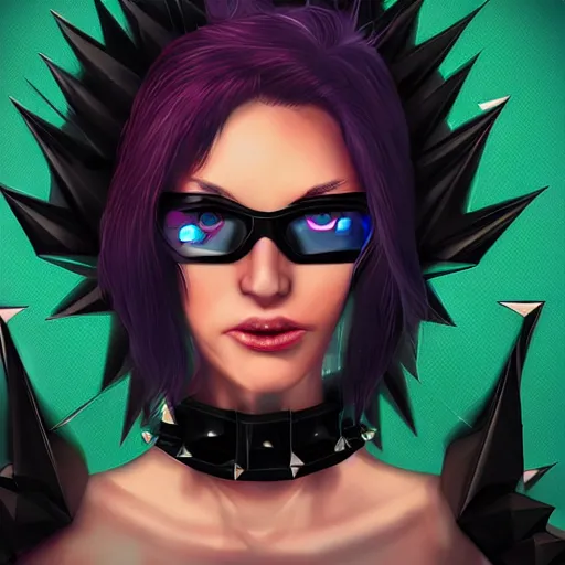 Image similar to an adult cyberpunk woman wearing large spiked punk collar, portrait, 4K, digital art, deviantart, artstation,