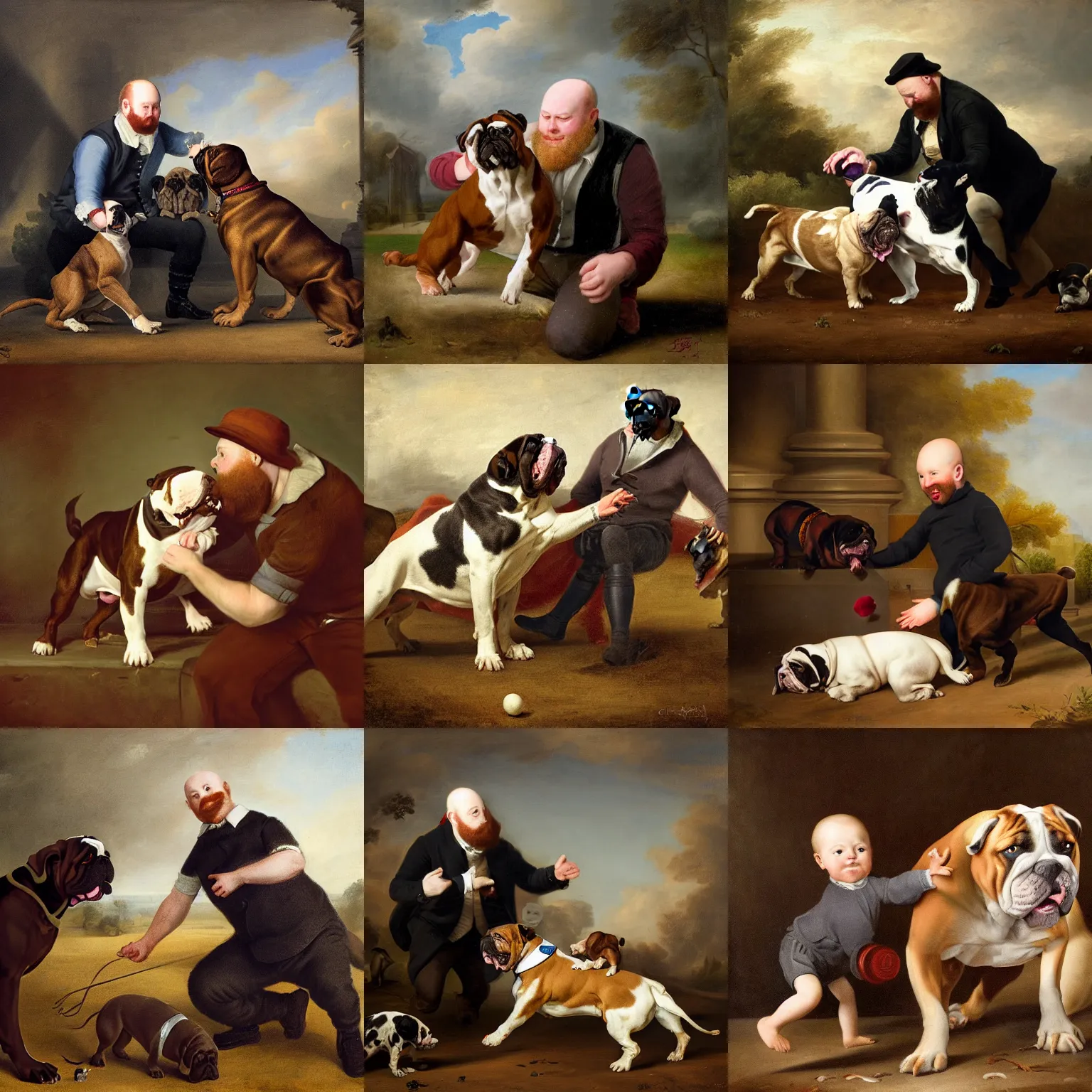 Prompt: playful portrait of angriestpat playing with a dark brown english bulldog by joseph ducreux