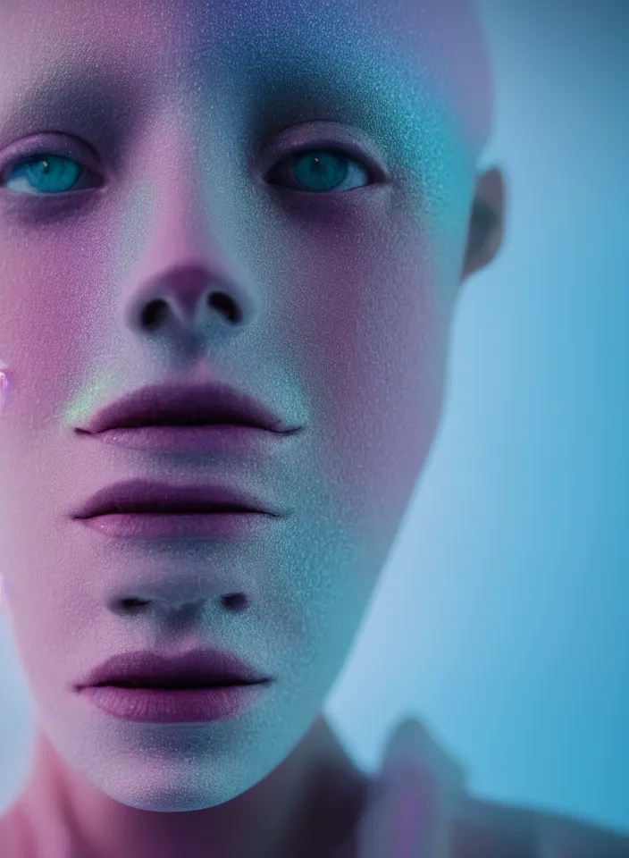 Prompt: high quality pastel coloured film close up headshot of a cyborg model in an icelandic black rock!! environment in a dreamstate environment. three point light. photographic. art directed. pastel colours. volumetric light. pastel gradient overlay. waves. extreme facial detail. 8 k. filmic.