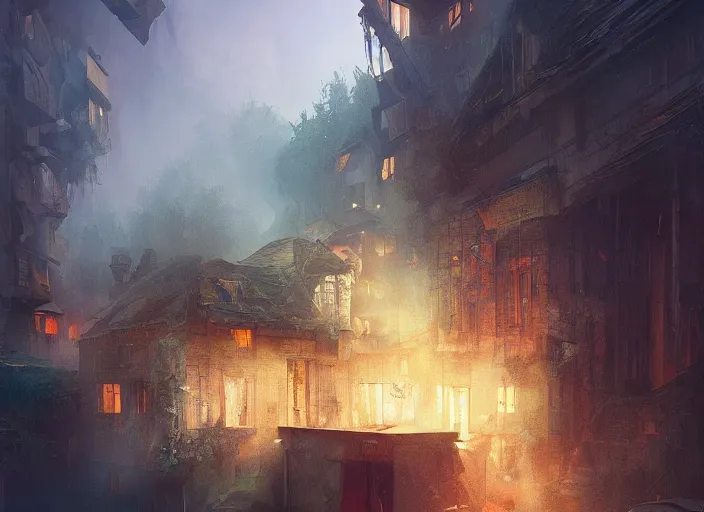 Image similar to one bright the rich house among destroyed world around volumetric lighting, digital painting, highly detailed, artstation, sharp focus, illustration, concept art, ruan jia, steve mccurry, amazing composition