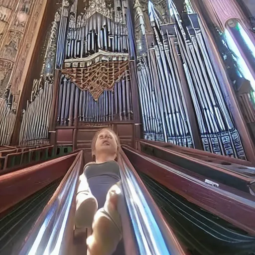 Prompt: gopro footage of a girl climbing the worlds tallest pipe organ