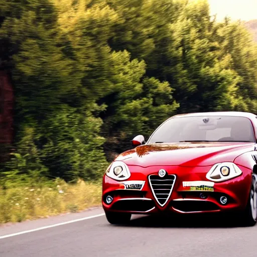 Prompt: a beautiful blonde woman driving an alfa romeo on a beautiful road, art decot style