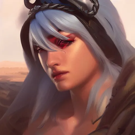 Image similar to very detailed masterpiece painting of ashe from overwatch in a desert, closeup, portrait, artstation, concept art by greg rutkowski