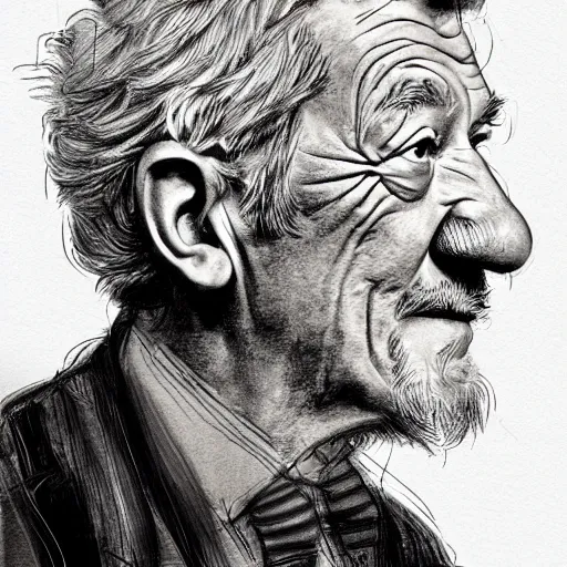 Image similar to a realistic yet scraggly portrait sketch of the side profile of a stern and sophisticated lan mckellen, trending on artstation, intricate details, colorized by lisa frank, in the style of frank auerbach, in the style of sergio aragones, in the style of martin ansin, in the style of david aja, in the style of mattias adolfsson