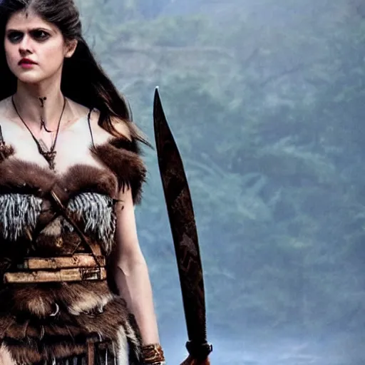 Prompt: full shot photo of alexandra daddario as an amazon warrior with daggers