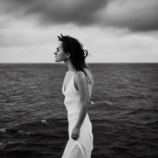 Prompt: A woman. melancholic. in the middle of the ocean. detailed. photorealism. granular photography. tumultuous sea. cloudy. long wavy hair. long wavy white dress. black and white. 24mm lens. shutter speed 4/1. iso 100. f/2.8 W-1024