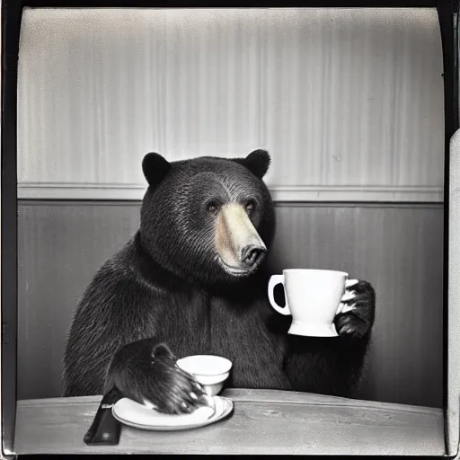 Prompt: a very beautiful old Polaroid picture of a bear drinking coffee inside a coffee shop, award winning photography