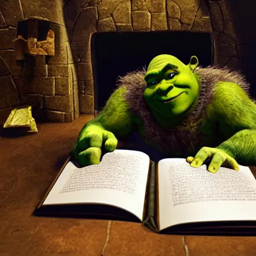 Prompt: behind the scenes photo of Shrek reading the script before a scene