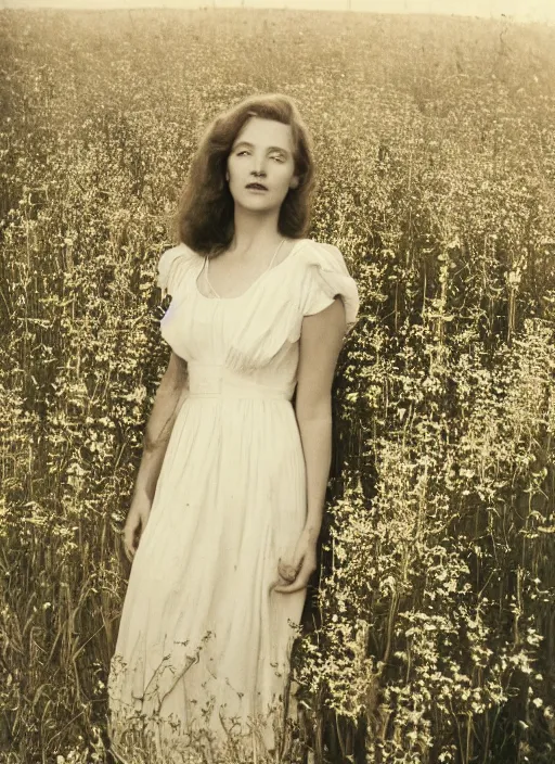 Prompt: a woman in a long flowing white dress in a field of wildflowers in the afternoon, flash polaroid photo by george hurrell, hazy light rays, golden hour