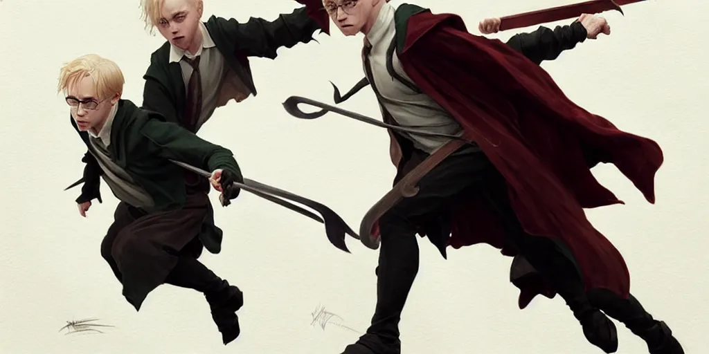 Prompt: harry potter fighting draco malfoy, highly detailed, digital painting, artstation, concept art, matte, sharp focus, illustration, art by artgerm and greg rutkowski and alphonse mucha