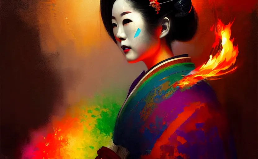 Image similar to female geisha girl holding a flame of rainbow, beautiful face, colourful, rule of thirds, thousands of colors, intricate outfit, spotlight, by greg rutkowski, by jeremy mann, digital painting