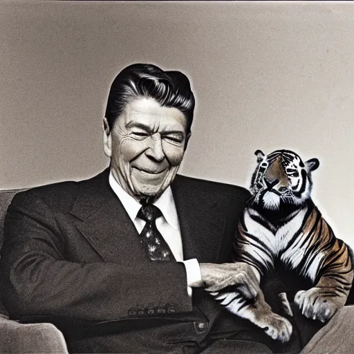 Image similar to [ ronald reagan sitting in chair with a tiger lying at his feet ]