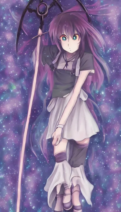 Image similar to a beautiful link drawing of the being death as a cute anime girl with a giant scythe from a studio ghibli film inspired by the death tarot card, dark vibes, pastel colors, cosmic,