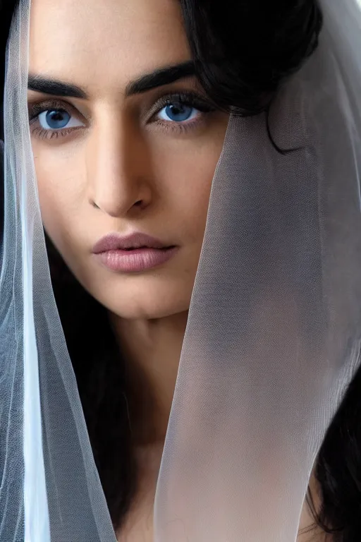 Image similar to Ameera al-Taweel, blue eyes, serious, long wavy black hair, white veil, closeup, focus face