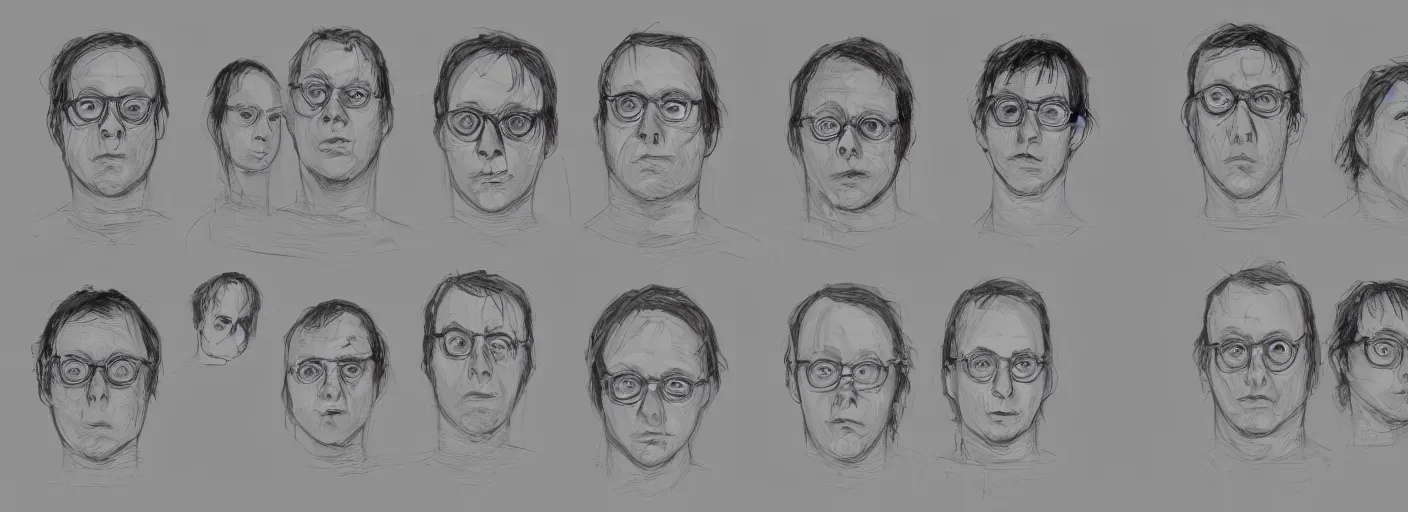 Image similar to character study of todd solondz, clear faces, screenwriter, introvert, outsider, emotional, character sheet, fine details, concept design, contrast, by gabriel hardman, joe alves, j. todd anderson, chris bonura, trending on artstation, 8 k, full body and head, turnaround, front view, back view, ultra wide angle