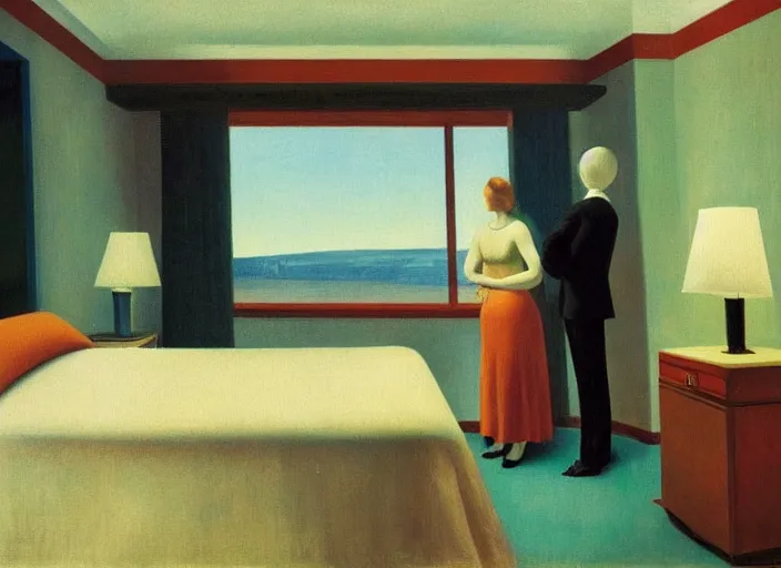 Prompt: two people in a hotel room in afternoon light, open ceiling, oil painting by edward hopper and rene magritte