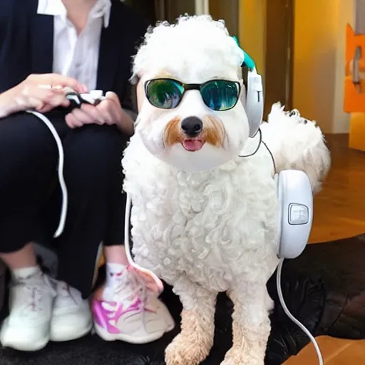 Prompt: a white cockapoo wearing headphones, gok wan is in the background