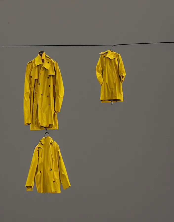 Image similar to a lone yellow zara raincoat flying hanging mid - air on a glittering rainy display designed by james terrell, we anderson, symmetry, rule of thirds