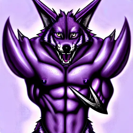 Prompt: anthropomorphic muscular purple wolf dragon, generic furry style, wearing jeans, deviant art, professional furry drawing, insanely detailed, artistic design, hyper detailed wolf - like face, doing a pose from jojo's bizarre adventure, detailed veiny muscles, exaggerated features, beautiful shading, dramatic lighting