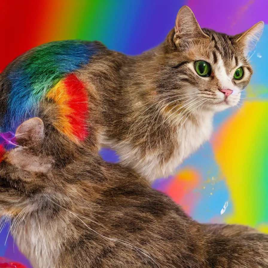 Image similar to a Rainbow cat ready to catch a mouse, ultra realistic, 8K