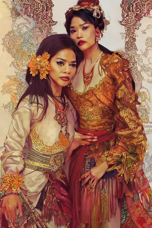 Prompt: portrait of a beautiful indonesian supermodels wearing traditional costume, hand hold the other hand, highly detailed, digital painting, artstation, concept art, sharp focus, illustration, art by kittichai rueangchaichan and james gurney and alphonse mucha