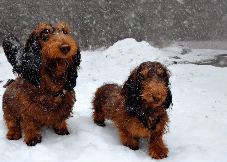 Prompt: Giant prehistoric woolly dachshund, in the middle of a snow storm