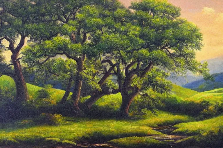 Image similar to masterpiece painting of oak trees on a hillside overlooking a creek, by alexey steele