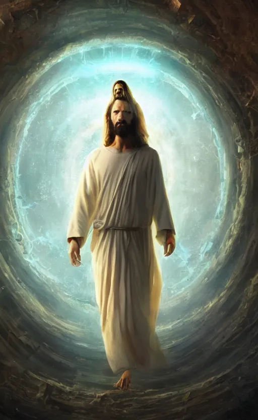 Image similar to jesus looking into a portal hopping and time warping with reckless abandon, surrounded by eyes, dramatic scene, masterpiece digital painting by Greg Rutkowski, Alex Grey, artstation, 4k wallpaper