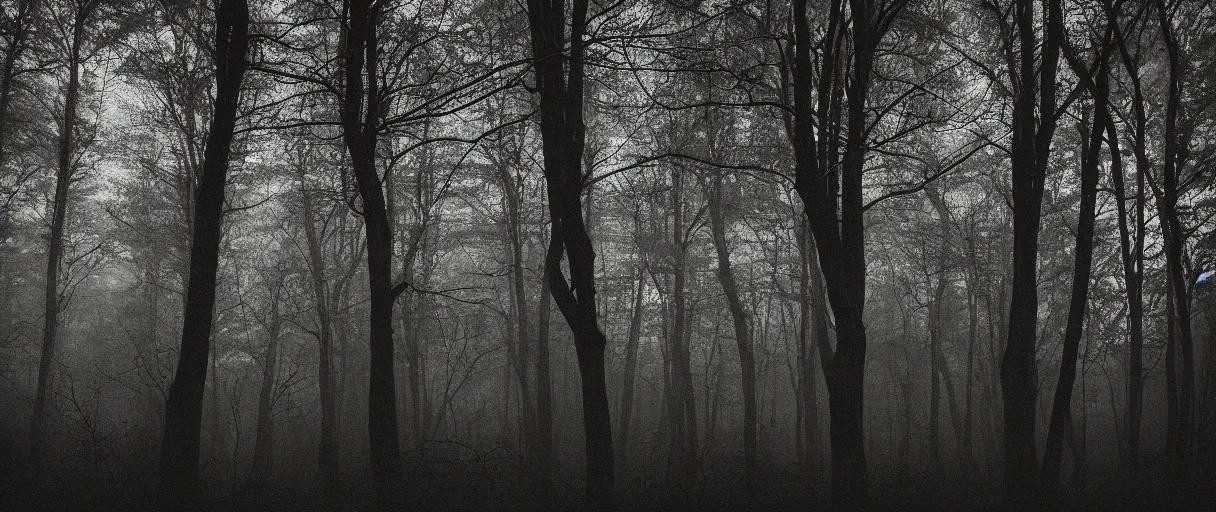 Prompt: a haunted forest under the milkway at night, film grain, large format photograph by stephen king, misty, moody