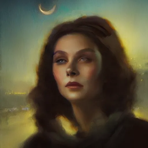 Image similar to closeup portrait of a young vivian leigh, crying, chiaroscuro, city background, night, moon, dramatic lighting, complementary contrast, high detail, painted by greg rutkowski, painted by igor kieryluk, trending on artstation