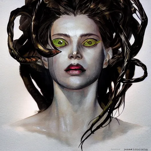 Prompt: a dramatic side portrait painting of a medusa. her face is covered by a veil, and light is glowing. art by yoji shinkawa and sandra chevrier, trending on artstation, award - winning, perfect composition.