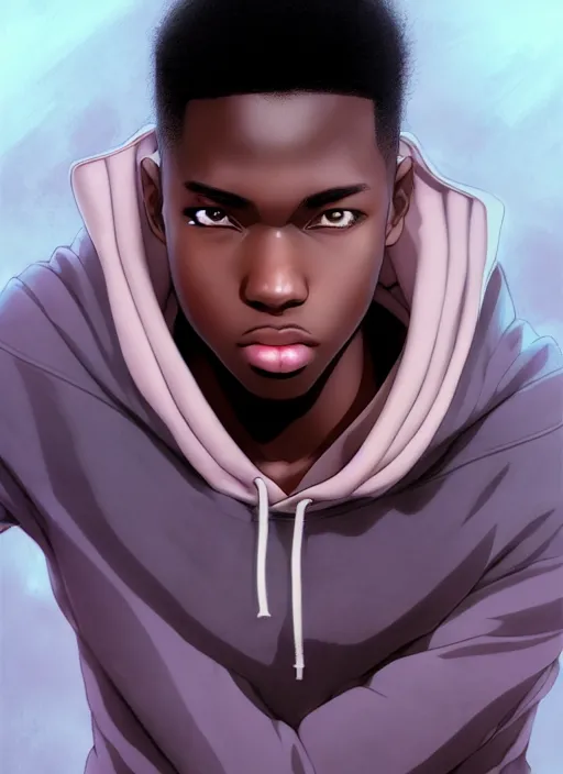 Image similar to handsome hip hop young black man, no hands, model pose, sad, anime style, scenery wallpaper aesthetic, pastel colors, symmetrical face, cinematic, dramatic, super detailed and intricate, hyper realistic, 4 k render, by artgerm, by kyoung hwan kim, by ralph mcquarrie, by yoshiyuki tomino