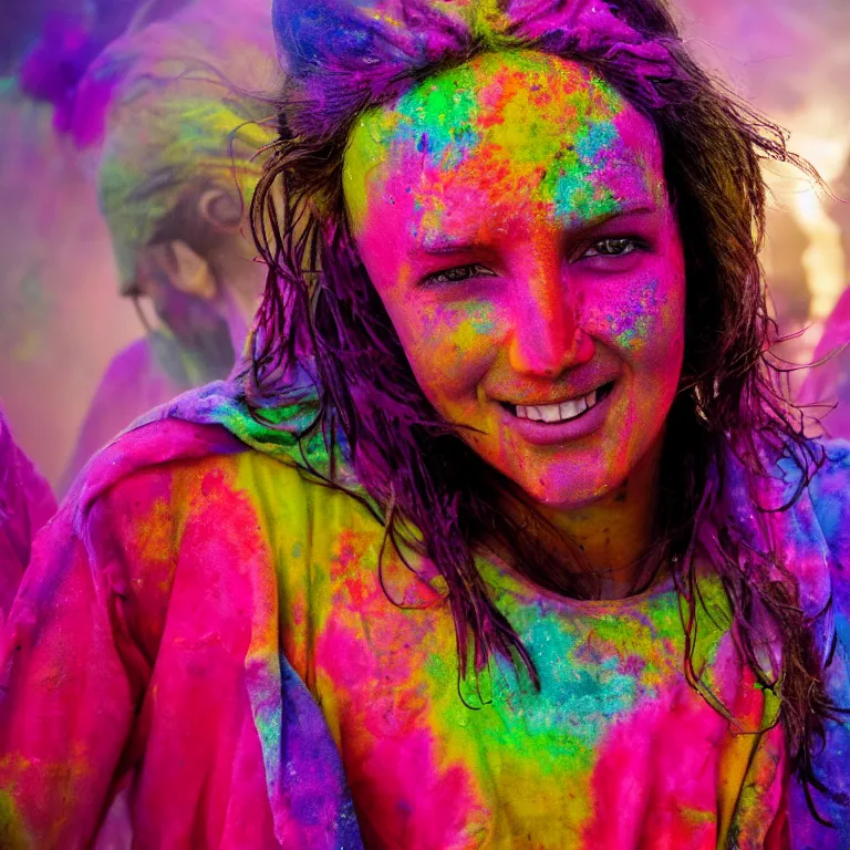 Prompt: octane render portrait by wayne barlow and carlo crivelli and glenn fabry, a beautiful symmetrical woman wearing a skintight bright colorful tie - dye bedsheet costume, grabbed by many many hands, inside an incredible colorful holi celebration, backlit, dramatic lighting, fog and mist, cinema 4 d, ray traced lighting, very short depth of field, bokeh