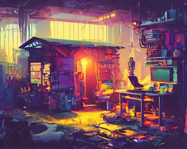 Image similar to IKEA catalogue photo of a cyberpunk shed, by Paul Lehr