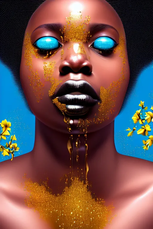 Prompt: hyperrealistic precisionist cinematic profile very expressive! black oshun goddess, in water! up to shoulders, mirror dripping droplet!, gold flowers, highly detailed face, digital art masterpiece, smooth eric zener cam de leon, dramatic pearlescent turquoise light on one side, low angle uhd 8 k, shallow depth of field, abstract photography