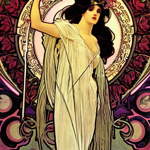 Image similar to persephone as goddess of death, painted by alphonse mucha