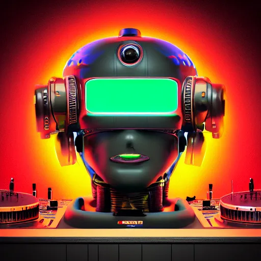 Image similar to album art for a famous dj, the album is called r. o. b. o. r. o. c. k. 3 dieselpunk robot heads with robot arms on a dj desk with a cd mixer, 8 k, fluorescent colors, halluzinogenic, multicolored, exaggerated detailed, front shot, 3 d render, octane